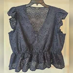 Women's XL Express Navy Eyelet Ruffle Blouse Coquette Crop Top Preppy Boho Beach